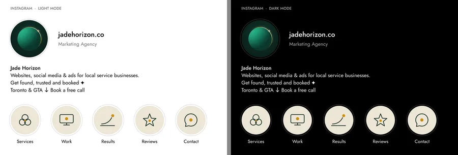 Instagram highlight covers for Services, Work, Results, Reviews and Contact